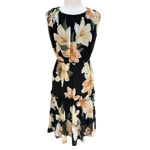 Enfocus Studio Dress Tiered Mesh Black Floral Midi Dress Lightweight Size 8